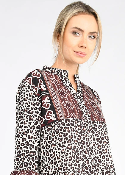 Fresh Lemons Damen 3/4 Arm V-Neck Puffer Kleid AOP Leo Print Cream Beige Braun 4 Fresh Lemons Damen 3/4 Arm V-Neck Puffer Kleid AOP Leo Print Cream Beige Braun – Bild 2