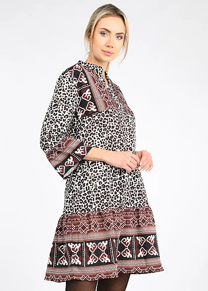 Fresh Lemons Damen 3/4 Arm V-Neck Puffer Kleid AOP Leo Print Cream Beige Braun 5 Fresh Lemons Damen 3/4 Arm V-Neck Puffer Kleid AOP Leo Print Cream Beige Braun – Bild 3