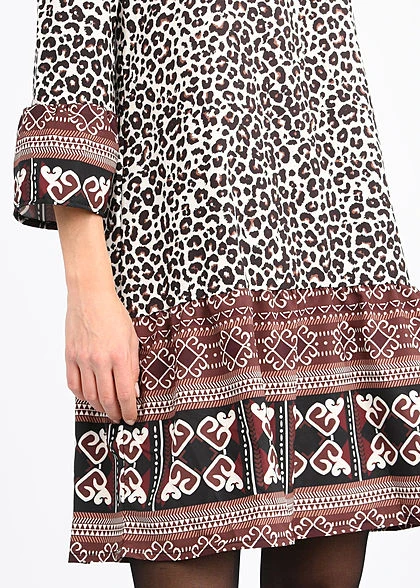 Fresh Lemons Damen 3/4 Arm V-Neck Puffer Kleid AOP Leo Print Cream Beige Braun 6 Fresh Lemons Damen 3/4 Arm V-Neck Puffer Kleid AOP Leo Print Cream Beige Braun – Bild 4