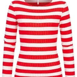 ONLY Damen Ribbed Frill Longsleeve Pullover Streifen Muster High Risk Rot Weiss