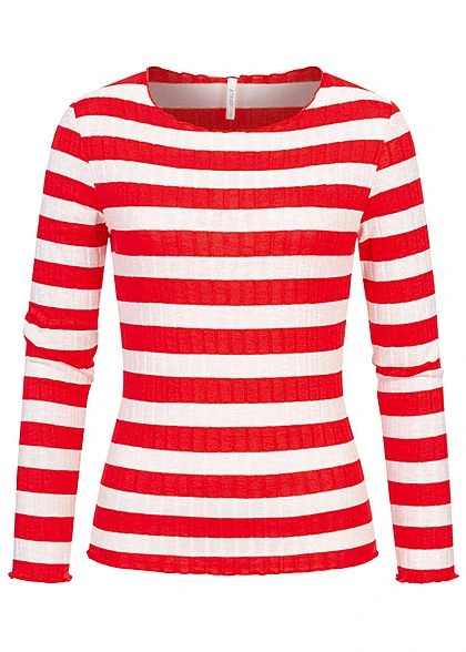 ONLY Damen Ribbed Frill Longsleeve Pullover Streifen Muster High Risk Rot Weiss 3 ONLY Damen Ribbed Frill Longsleeve Pullover Streifen Muster High Risk Rot Weiss