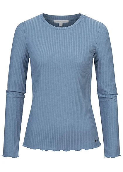 Tom Tailor Damen Ribbed Frill Longsleeve Soft Mid Blau 3 Tom Tailor Damen Ribbed Frill Longsleeve Soft Mid Blau