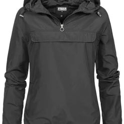 Urban Classics Damen Pull Over Jacke Windbreaker Kapuze Deko Tasche Vorne Schwarz