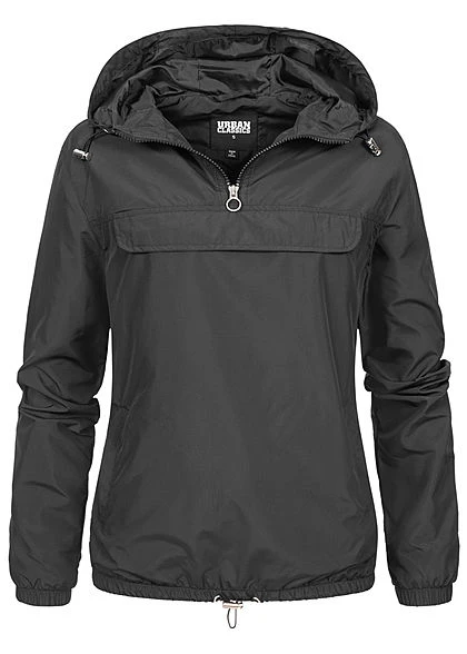 Urban Classics Damen Pull Over Jacke Windbreaker Kapuze Deko Tasche Vorne Schwarz 3 Urban Classics Damen Pull Over Jacke Windbreaker Kapuze Deko Tasche Vorne Schwarz