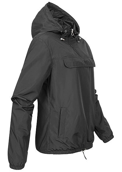 Urban Classics Damen Pull Over Jacke Windbreaker Kapuze Deko Tasche Vorne Schwarz 4 Urban Classics Damen Pull Over Jacke Windbreaker Kapuze Deko Tasche Vorne Schwarz – Bild 2
