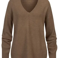 Sublevel Damen V-Neck Strickpullover Mit Rippblenden Braun Melange