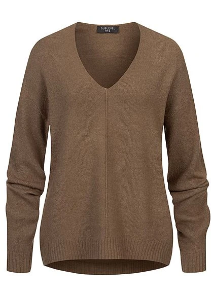 Sublevel Damen V-Neck Strickpullover Mit Rippblenden Braun Melange 3 Sublevel Damen V-Neck Strickpullover Mit Rippblenden Braun Melange