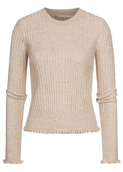 ONLY Damen Ribbed Frill Longsleeve Pumice Stone Beige 3 ONLY Damen Ribbed Frill Longsleeve Pumice Stone Beige