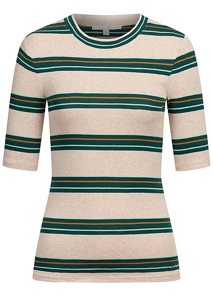 Tom Tailor Damen 1/2-Arm Shirt Streifen Muster Beige Grün 3 Tom Tailor Damen 1/2-Arm Shirt Streifen Muster Beige Grün