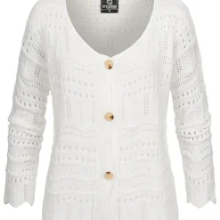 Styleboom Fashion Damen Kurzer Grobstrick Cardigan Lochmuster Weiss