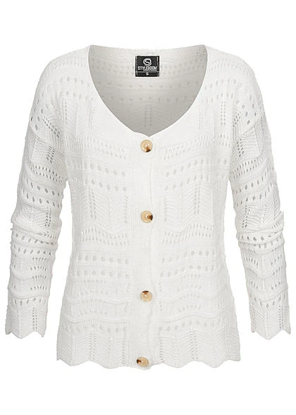 Styleboom Fashion Damen Kurzer Grobstrick Cardigan Lochmuster Weiss 3 Styleboom Fashion Damen Kurzer Grobstrick Cardigan Lochmuster Weiss