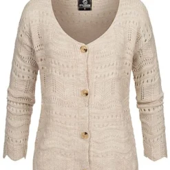 Styleboom Fashion Damen Kurzer Grobstrick Cardigan Lochmuster Beige