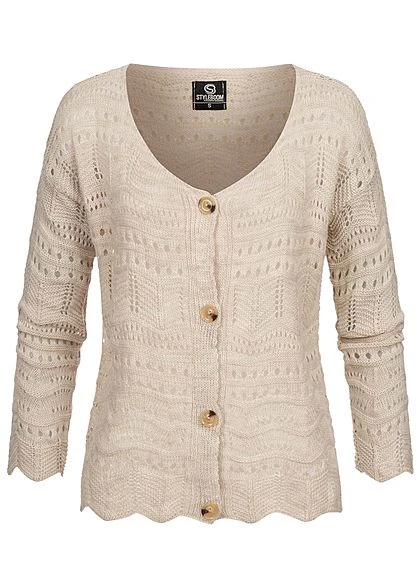Styleboom Fashion Damen Kurzer Grobstrick Cardigan Lochmuster Beige 3 Styleboom Fashion Damen Kurzer Grobstrick Cardigan Lochmuster Beige