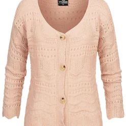 Styleboom Fashion Damen Kurzer Grobstrick Cardigan Lochmuster Burlwood Pink