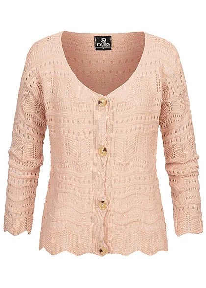Styleboom Fashion Damen Kurzer Grobstrick Cardigan Lochmuster Burlwood Pink 3 Styleboom Fashion Damen Kurzer Grobstrick Cardigan Lochmuster Burlwood Pink