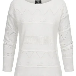 Styleboom Fashion Damen U-Boot Strickpullover Mit Lochmuster Weiss