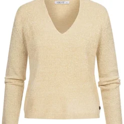 Hailys Damen V-Neck Longsleeve Pullover Strukturstoff Beige