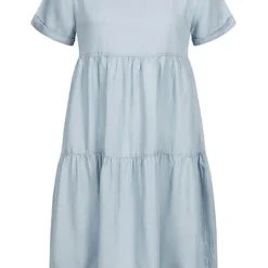 Stitch & Soul Damen Midi Puffer Kleid Knopfleiste Hinten Hell Blau Denim