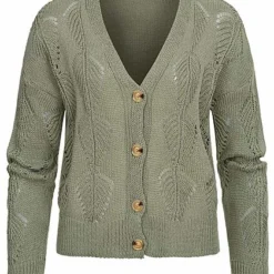 Hailys Damen Strick Cardigan Knopfleiste Blatt Lochmuster Khaki Grün