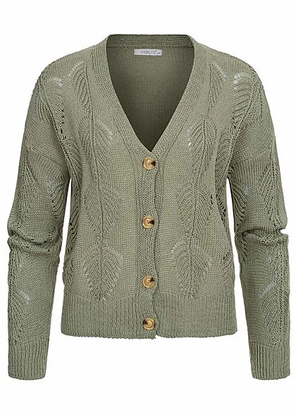 Hailys Damen Strick Cardigan Knopfleiste Blatt Lochmuster Khaki Grün 3 Hailys Damen Strick Cardigan Knopfleiste Blatt Lochmuster Khaki Grün