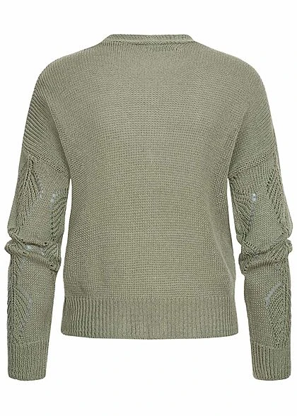 Hailys Damen Strick Cardigan Knopfleiste Blatt Lochmuster Khaki Grün 4 Hailys Damen Strick Cardigan Knopfleiste Blatt Lochmuster Khaki Grün – Bild 2