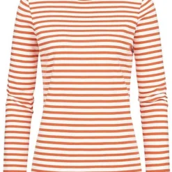 Tom Tailor Damen Longsleeve Streifen Muster Coral Orange Weiss
