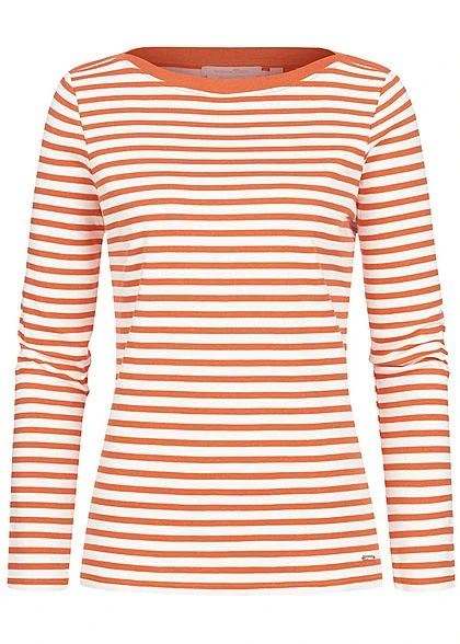 Tom Tailor Damen Longsleeve Streifen Muster Coral Orange Weiss 3 Tom Tailor Damen Longsleeve Streifen Muster Coral Orange Weiss