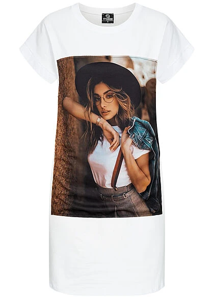 Styleboom Fashion Damen T-Shirt Kleid Woman Hat Print Weiss 3 Styleboom Fashion Damen T-Shirt Kleid Woman Hat Print Weiss