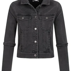 Seventyseven Lifestyle Damen Kurze Jeans Jacke Knopfleiste 4-Pockets Dunkel Grau Denim