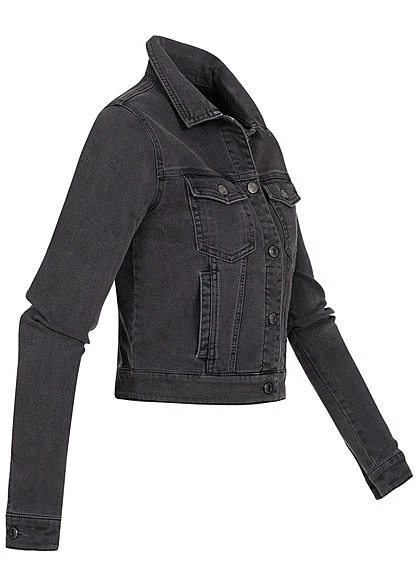 Seventyseven Lifestyle Damen Kurze Jeans Jacke Knopfleiste 4-Pockets Dunkel Grau Denim 4 Seventyseven Lifestyle Damen Kurze Jeans Jacke Knopfleiste 4-Pockets Dunkel Grau Denim – Bild 2