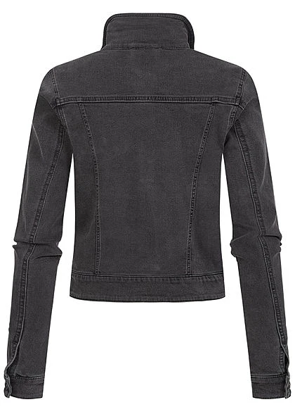 Seventyseven Lifestyle Damen Kurze Jeans Jacke Knopfleiste 4-Pockets Dunkel Grau Denim 5 Seventyseven Lifestyle Damen Kurze Jeans Jacke Knopfleiste 4-Pockets Dunkel Grau Denim – Bild 3