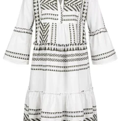 Tom Tailor Damen 7/8 Arm V-Neck Stufenkleid Boho-Kleid Jaquard Muster Leaf Grün