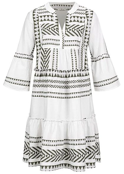 Tom Tailor Damen 7/8 Arm V-Neck Stufenkleid Boho-Kleid Jaquard Muster Leaf Grün 3 Tom Tailor Damen 7/8 Arm V-Neck Stufenkleid Boho-Kleid Jaquard Muster Leaf Grün