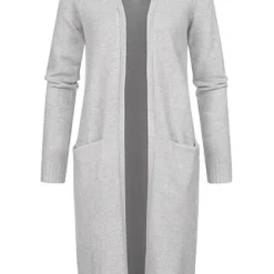 VILA Damen NOOS Longform Cardigan Offener Schnitt 2-Pockets Hell Grau Melange