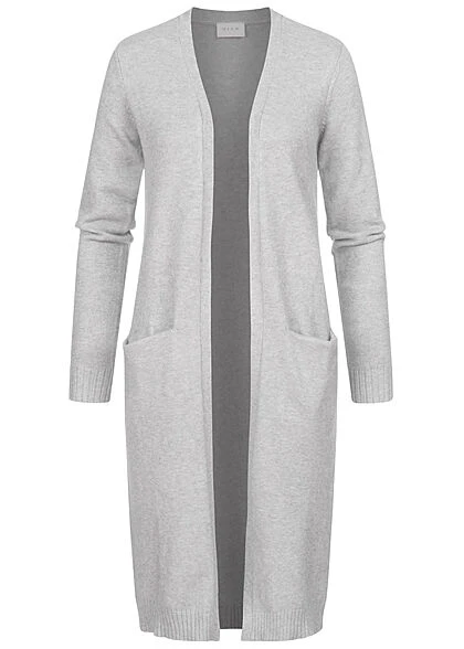 VILA Damen NOOS Longform Cardigan Offener Schnitt 2-Pockets Hell Grau Melange 3 VILA Damen NOOS Longform Cardigan Offener Schnitt 2-Pockets Hell Grau Melange