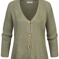 Hailys Damen V-Neck Cardigan Strickjacke Knopfleiste Hell Khaki Grün