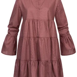 ONLY Damen V-Neck Tunica Stufenkleid Mit Pufferärmeln Punkte Muster Rose Braun