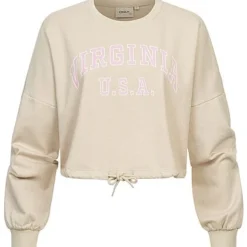 ONLY Damen Oversized Sweater Kurzer Pullover Viginia Print Mit Tunnelzug Am Saum Beige