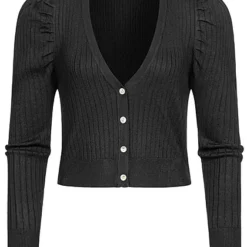 ONLY Damen V-Neck Struktur Cardigan Puffärmel Knopfleiste Schwarz