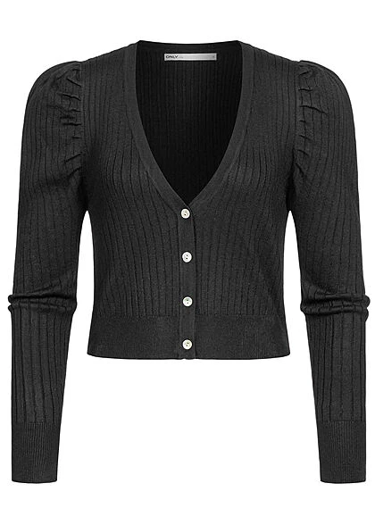 ONLY Damen V-Neck Struktur Cardigan Puffärmel Knopfleiste Schwarz 3 ONLY Damen V-Neck Struktur Cardigan Puffärmel Knopfleiste Schwarz