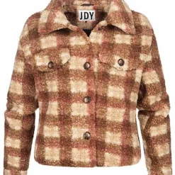 JACQUELINE DE YONG JDY By ONLY Damen Kurze Teddyfell Jacke 2-Pockets Karo Muster Cloud D. Weiss Braun