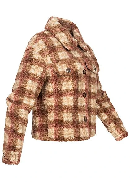 JACQUELINE DE YONG JDY By ONLY Damen Kurze Teddyfell Jacke 2-Pockets Karo Muster Cloud D. Weiss Braun 4 JACQUELINE DE YONG JDY By ONLY Damen Kurze Teddyfell Jacke 2-Pockets Karo Muster Cloud D. Weiss Braun – Bild 2