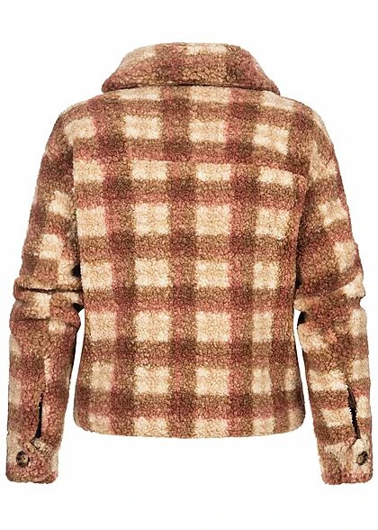 JACQUELINE DE YONG JDY By ONLY Damen Kurze Teddyfell Jacke 2-Pockets Karo Muster Cloud D. Weiss Braun 5 JACQUELINE DE YONG JDY By ONLY Damen Kurze Teddyfell Jacke 2-Pockets Karo Muster Cloud D. Weiss Braun – Bild 3