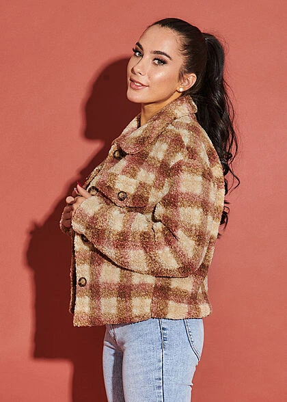 JACQUELINE DE YONG JDY By ONLY Damen Kurze Teddyfell Jacke 2-Pockets Karo Muster Cloud D. Weiss Braun 6 JACQUELINE DE YONG JDY By ONLY Damen Kurze Teddyfell Jacke 2-Pockets Karo Muster Cloud D. Weiss Braun – Bild 4