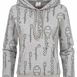 Champion Damen Hoodie Kängurutasche Kapuze Allover Logo Print Grau