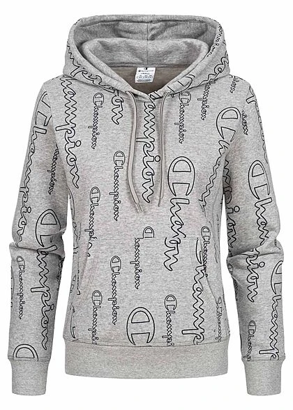 Champion Damen Hoodie Kängurutasche Kapuze Allover Logo Print Grau 3 Champion Damen Hoodie Kängurutasche Kapuze Allover Logo Print Grau