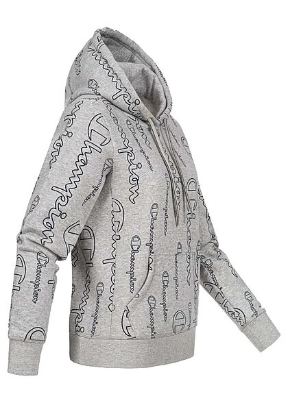 Champion Damen Hoodie Kängurutasche Kapuze Allover Logo Print Grau 4 Champion Damen Hoodie Kängurutasche Kapuze Allover Logo Print Grau – Bild 2
