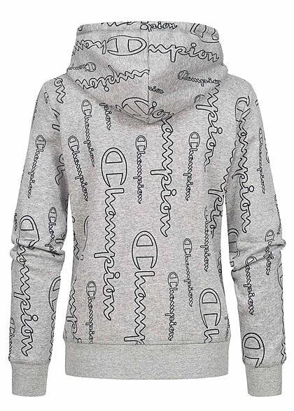 Champion Damen Hoodie Kängurutasche Kapuze Allover Logo Print Grau 5 Champion Damen Hoodie Kängurutasche Kapuze Allover Logo Print Grau – Bild 3