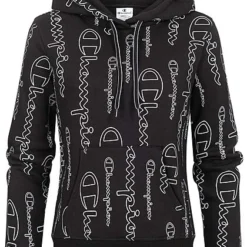 Champion Damen Hoodie Kängurutasche Kapuze Allover Logo Print Schwarz