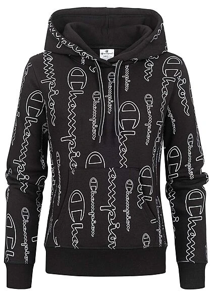 Champion Damen Hoodie Kängurutasche Kapuze Allover Logo Print Schwarz 3 Champion Damen Hoodie Kängurutasche Kapuze Allover Logo Print Schwarz